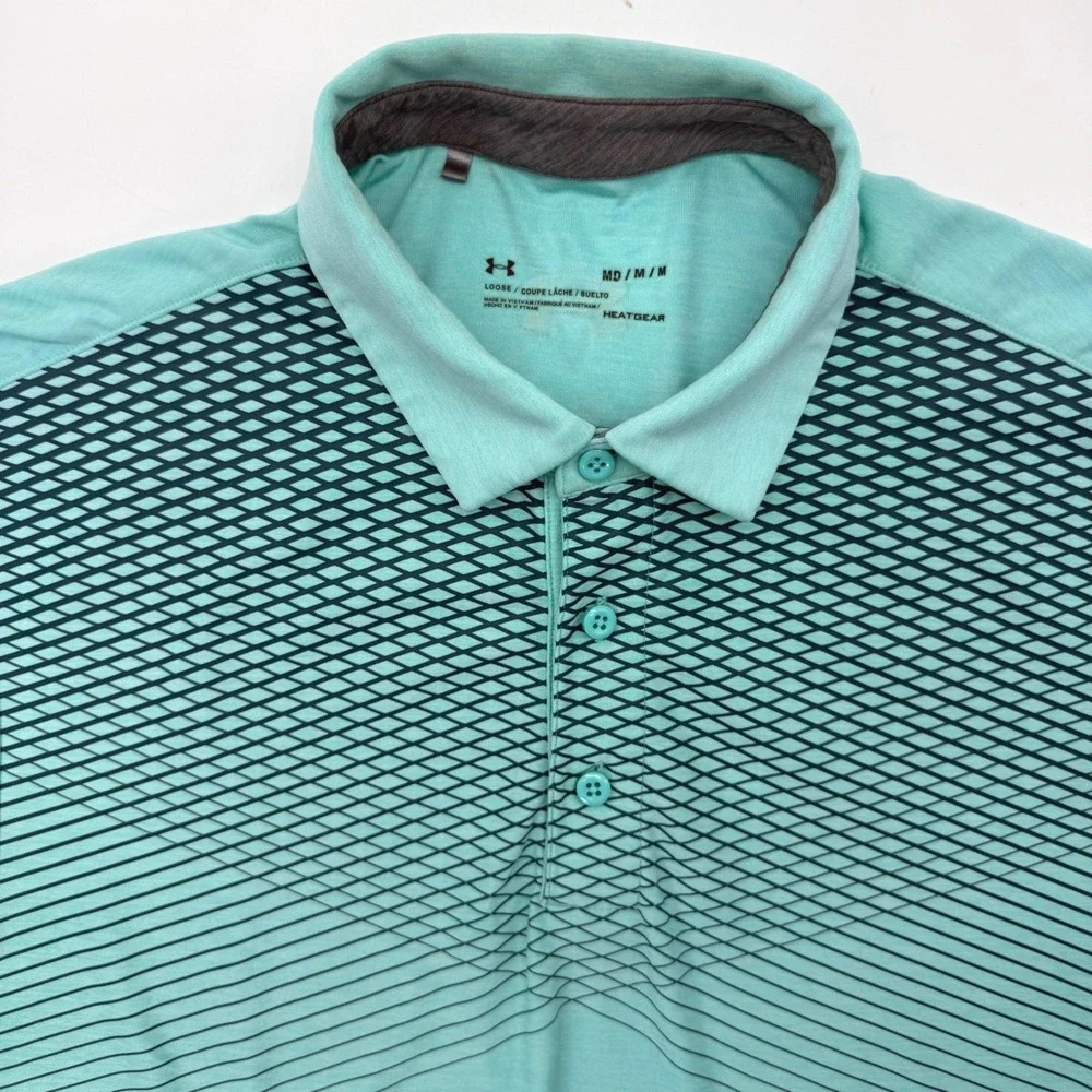Under Armour Polo Shirt Mens Medium Teal HeatGear Loose Fit Geometric Graphic